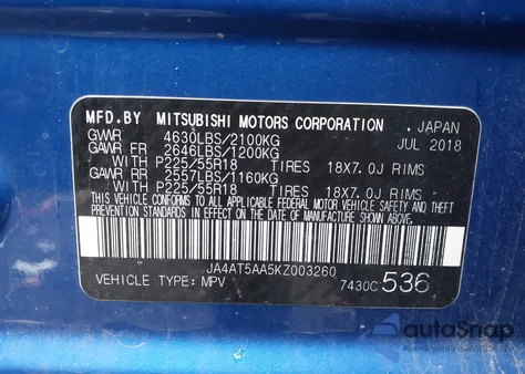 2019 Mitsubishi Eclipse Cross Se z USA, uszkodzony, nr VIN JA4AT5AA5KZ003260